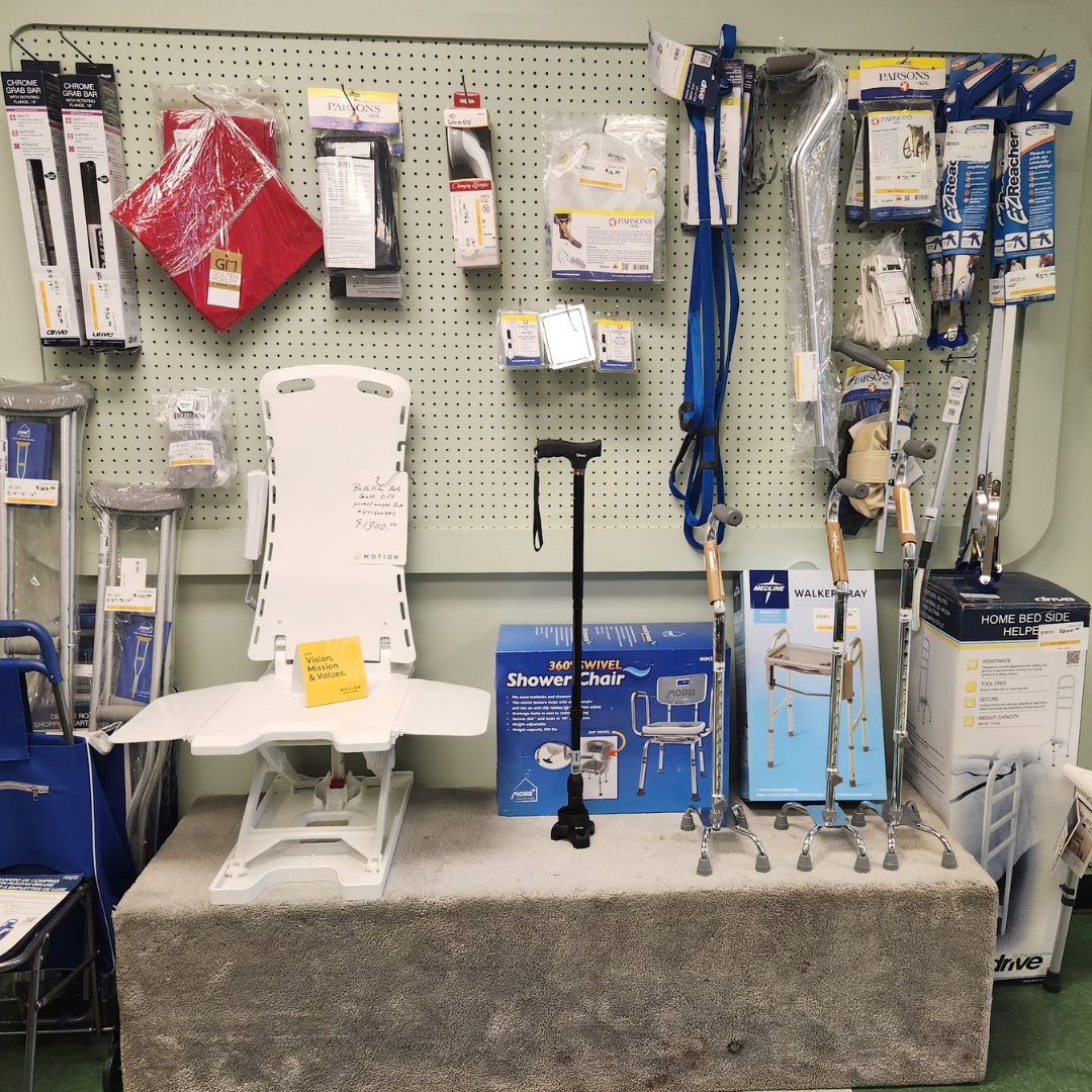 Motion Moose Jaw showroom featuring close-up of bathroom safety items and walking aids