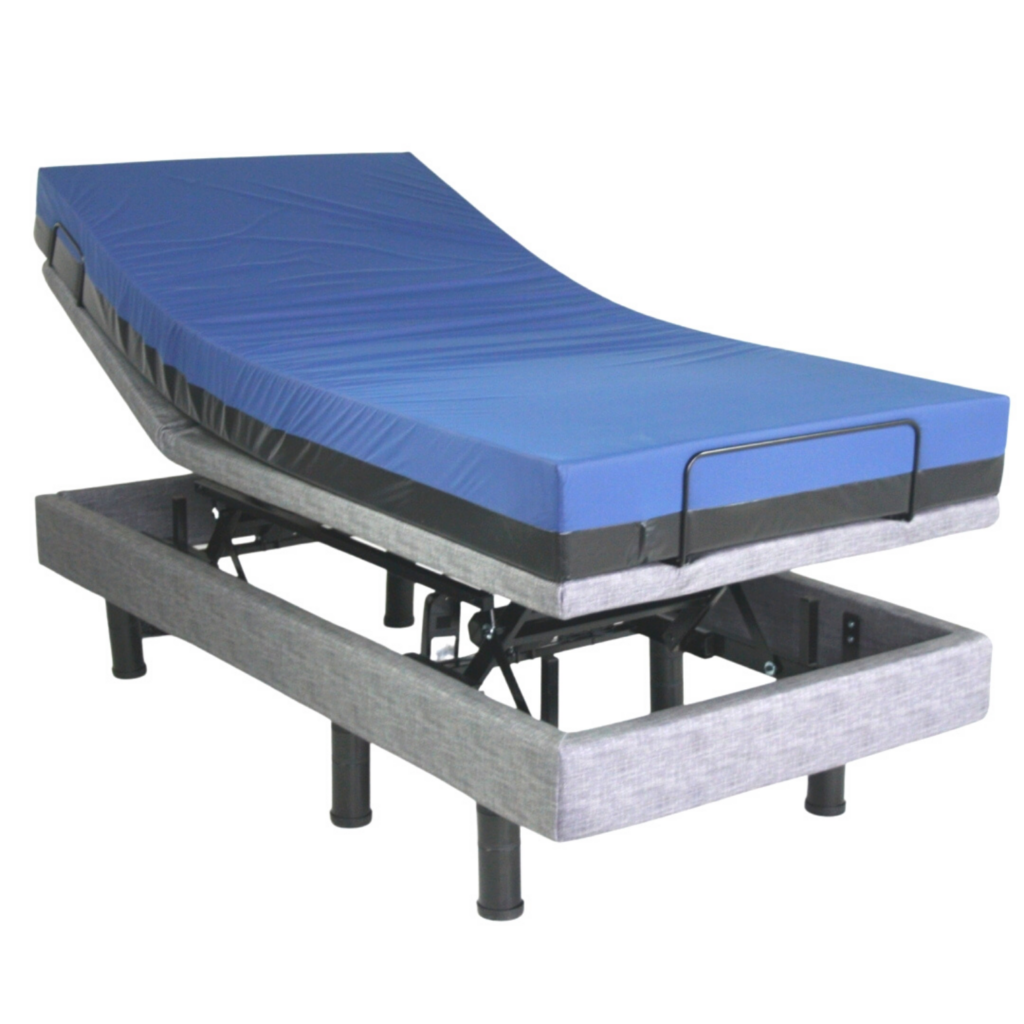 Blue and black mattress on a grey bedframe