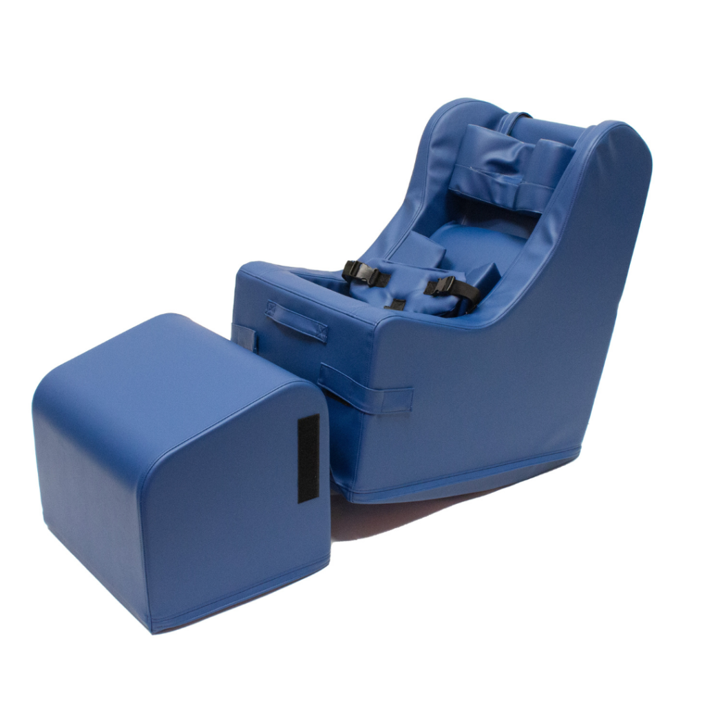 Freedom Concepts Rock'er Chair side view with ottoman in blue