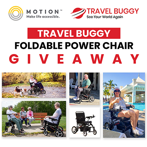 Motion and Travel Buggy logos at top followed by Travel Buggy Foldable Power Chair Giveaway in text and images of people using Travel Buggys below