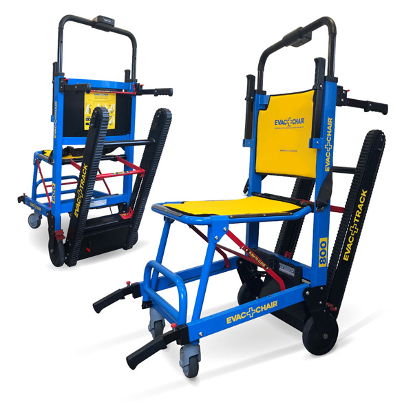 Evac Chair Power 800 model with yellow seat and back and blue frame