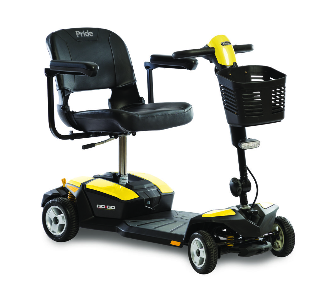 Pride Mobility Go-Go mobility scooter in yellow