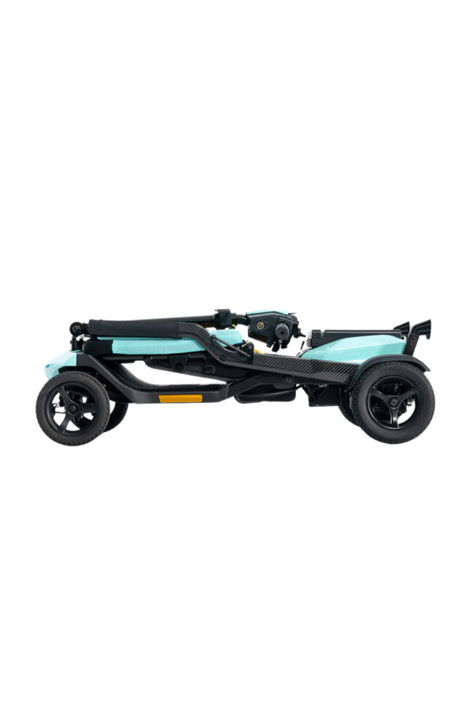 A folded blue Go Go Super Portable scooter.