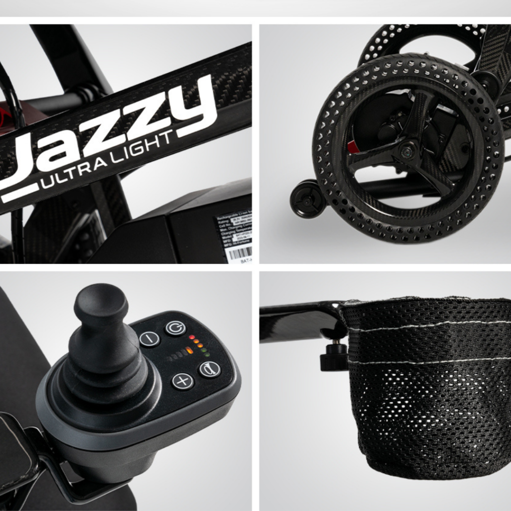 A collage of 4 different parts of the Jazzy Ultra Light Wheelchair. It includes the wheel, joystick, cup holder and "Jazzy Ultra Light" label. 