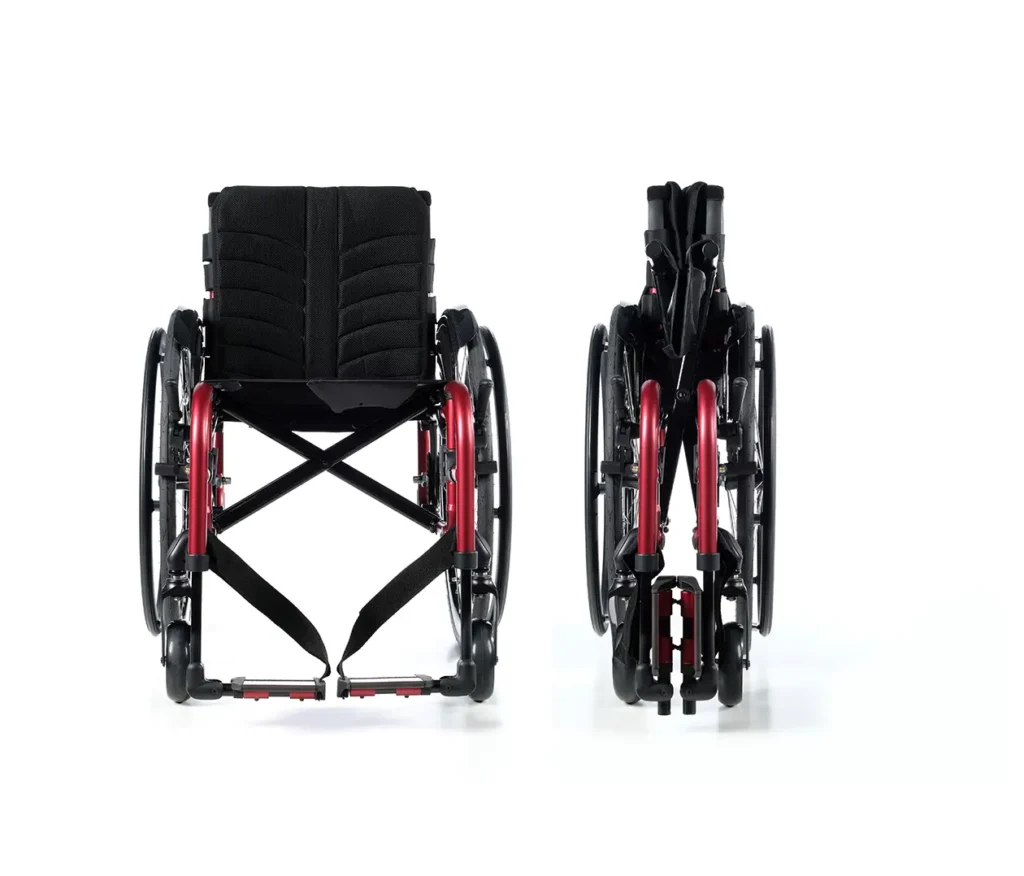 A folded and unfolded red QS5 Folding Wheelchair next to each other. 