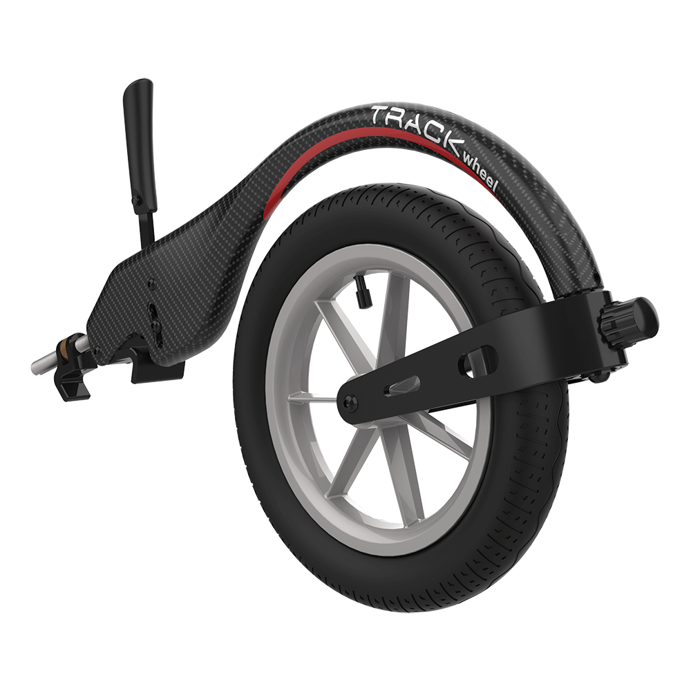 A close-up of a single-arm carbon Track Wheel.