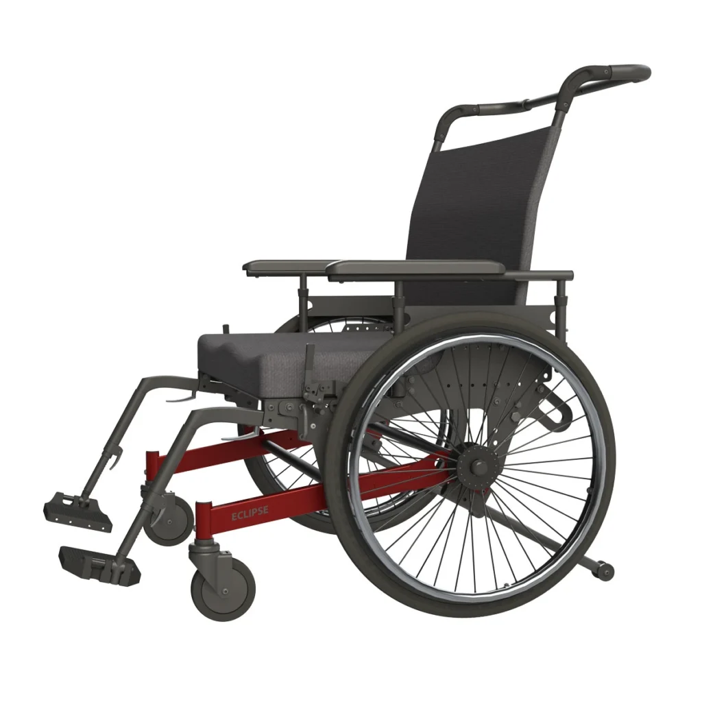 A black and red PDG manual wheelchair.