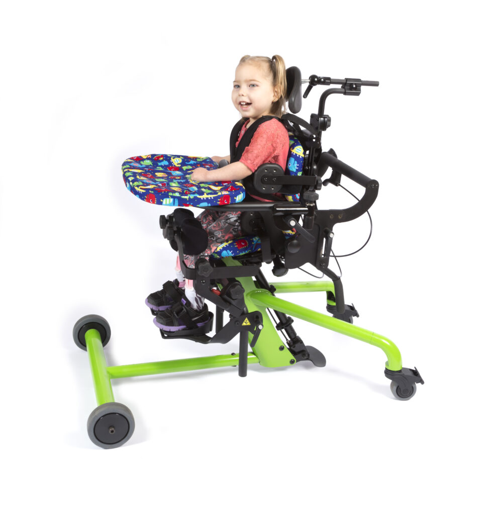 A little girl in the Bantam Easy Stand Stander in green.