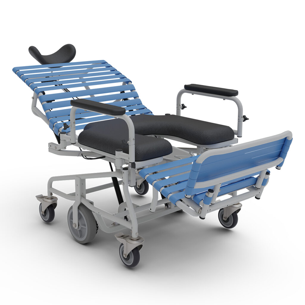 The Revive shower commode (bariatric) by Broda in recline mode.
