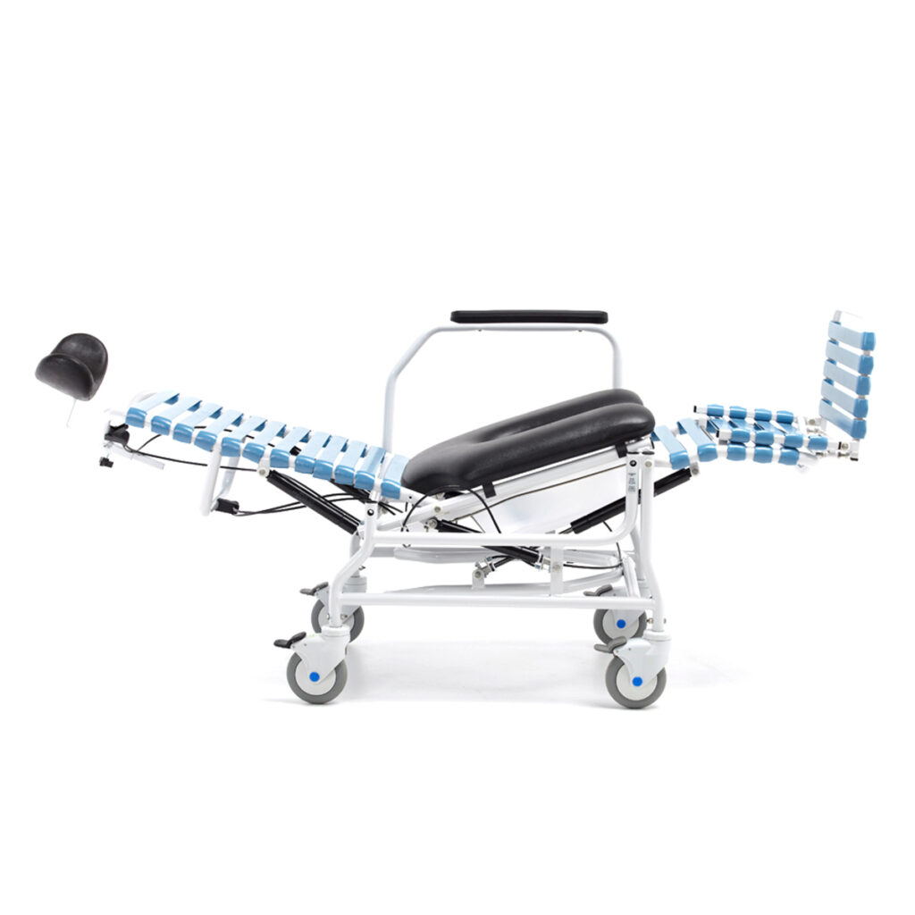 The Revive shower commode by Broda in recline mode. 