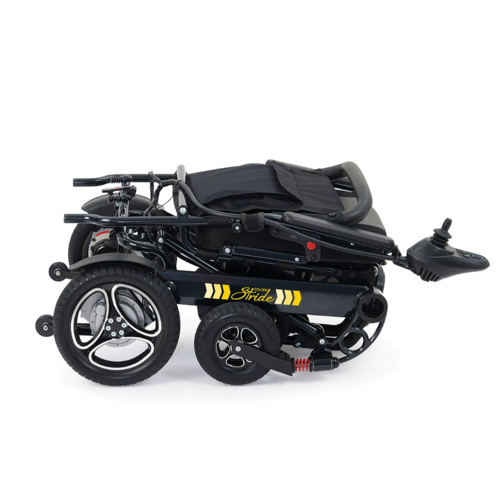 A folded black and yellow Stride Travel Power Wheelchair from Golden Technologies.
