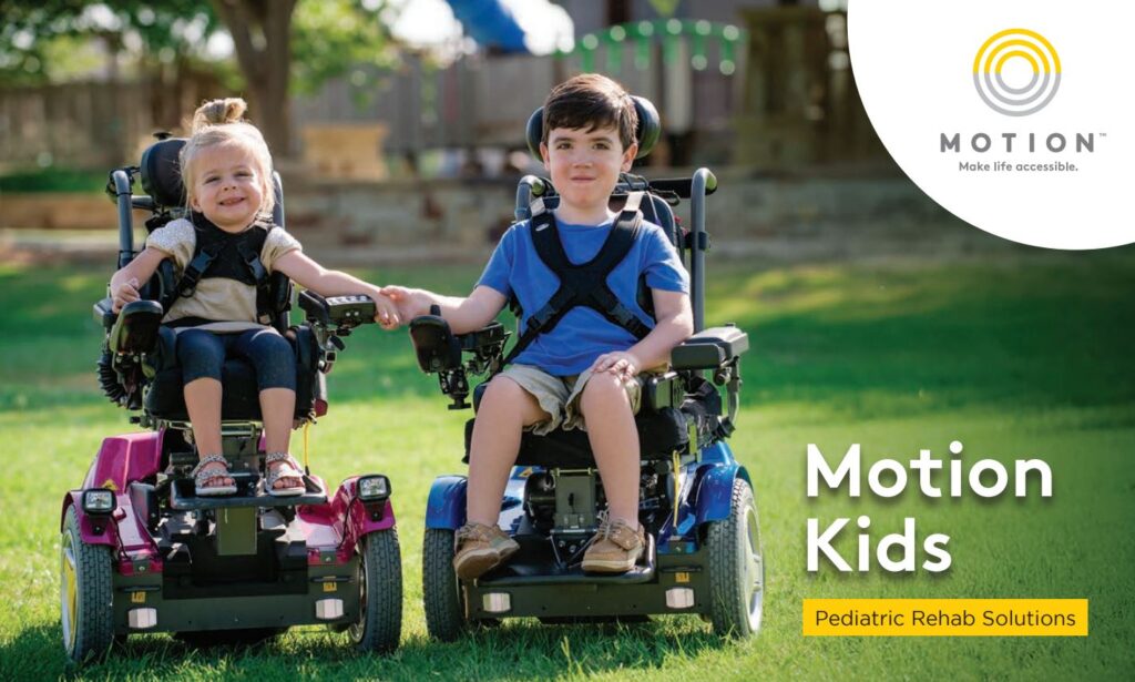 Motion Kids Product Catalogue Cover - with two pediatric power wheelchair users and Motion logo in top right corner