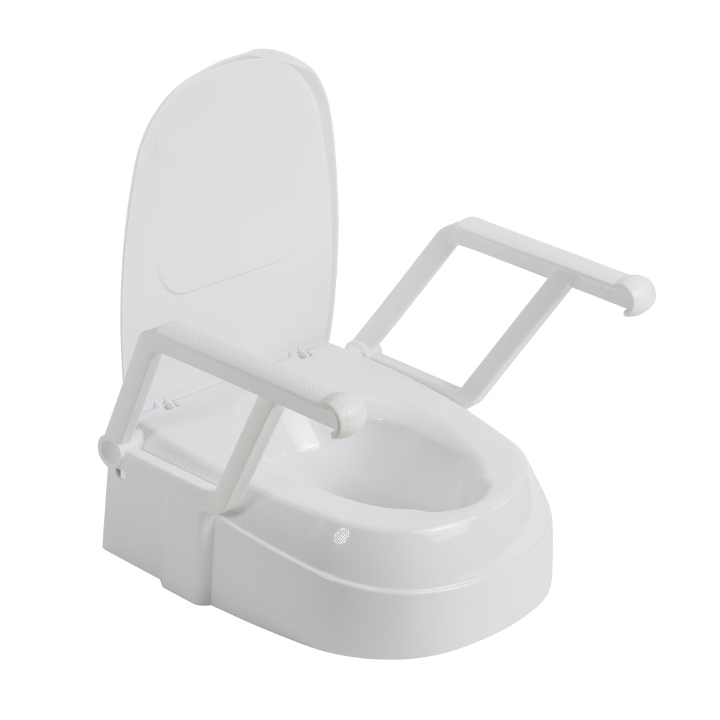 A white PreserveTech™ Universal Raised Toilet Seat by Drive. 