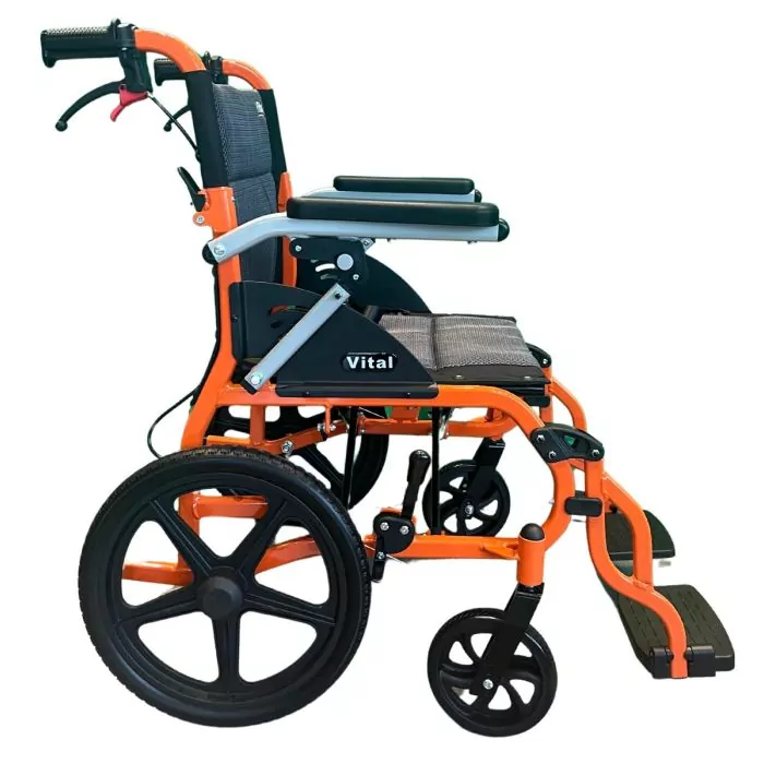 An orange Vital Lite Transport Chair from TecknoCare.
 