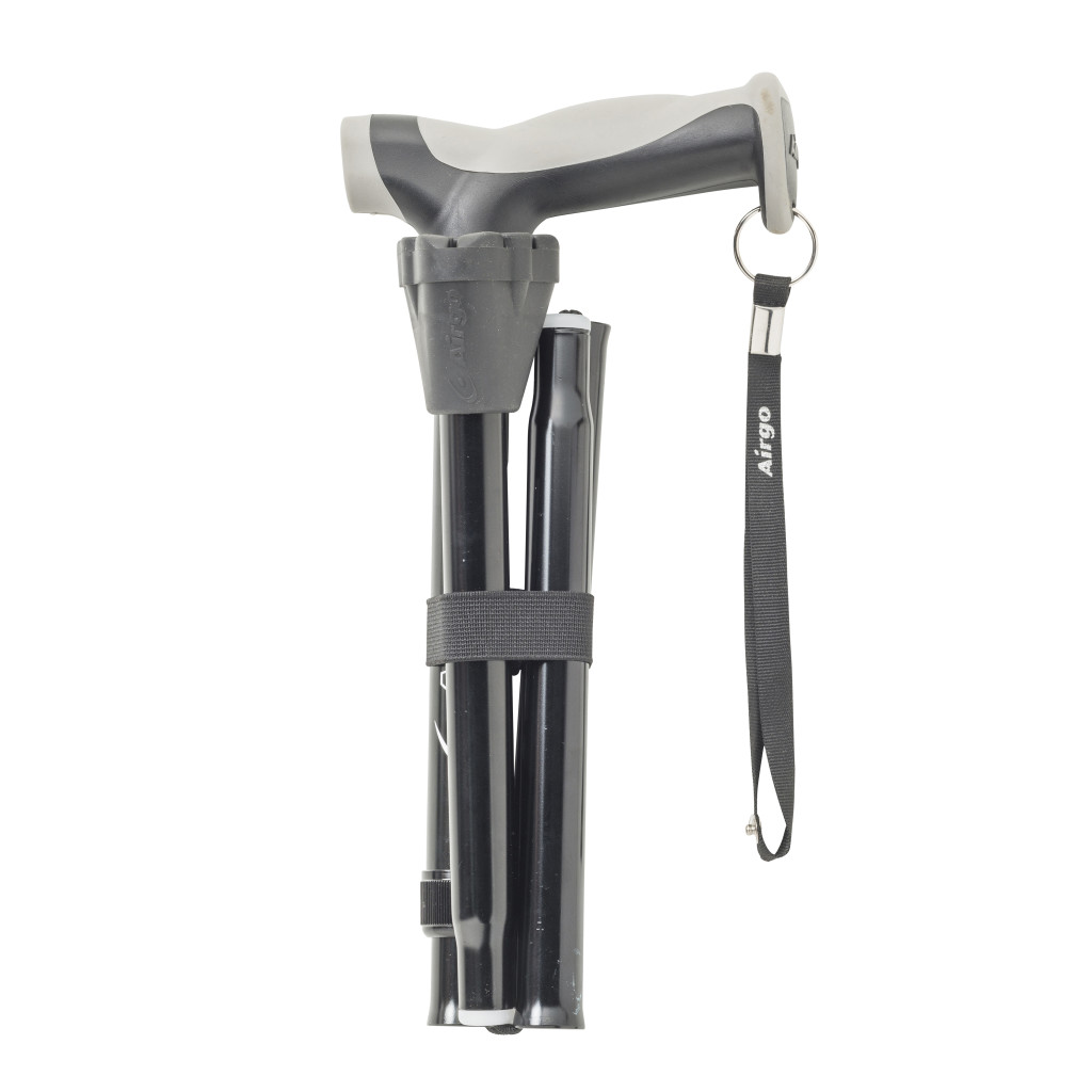 A black Airgo Comfort-Plus Folding Cane folded.