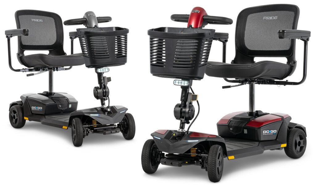 Two Endurance mobility scooters in grey and red.
