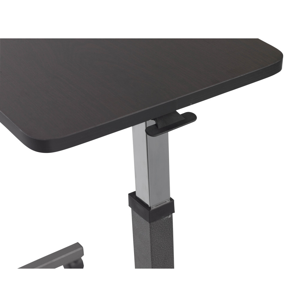 Corner view of the silver non-tilt overbed table from Drive Medical.