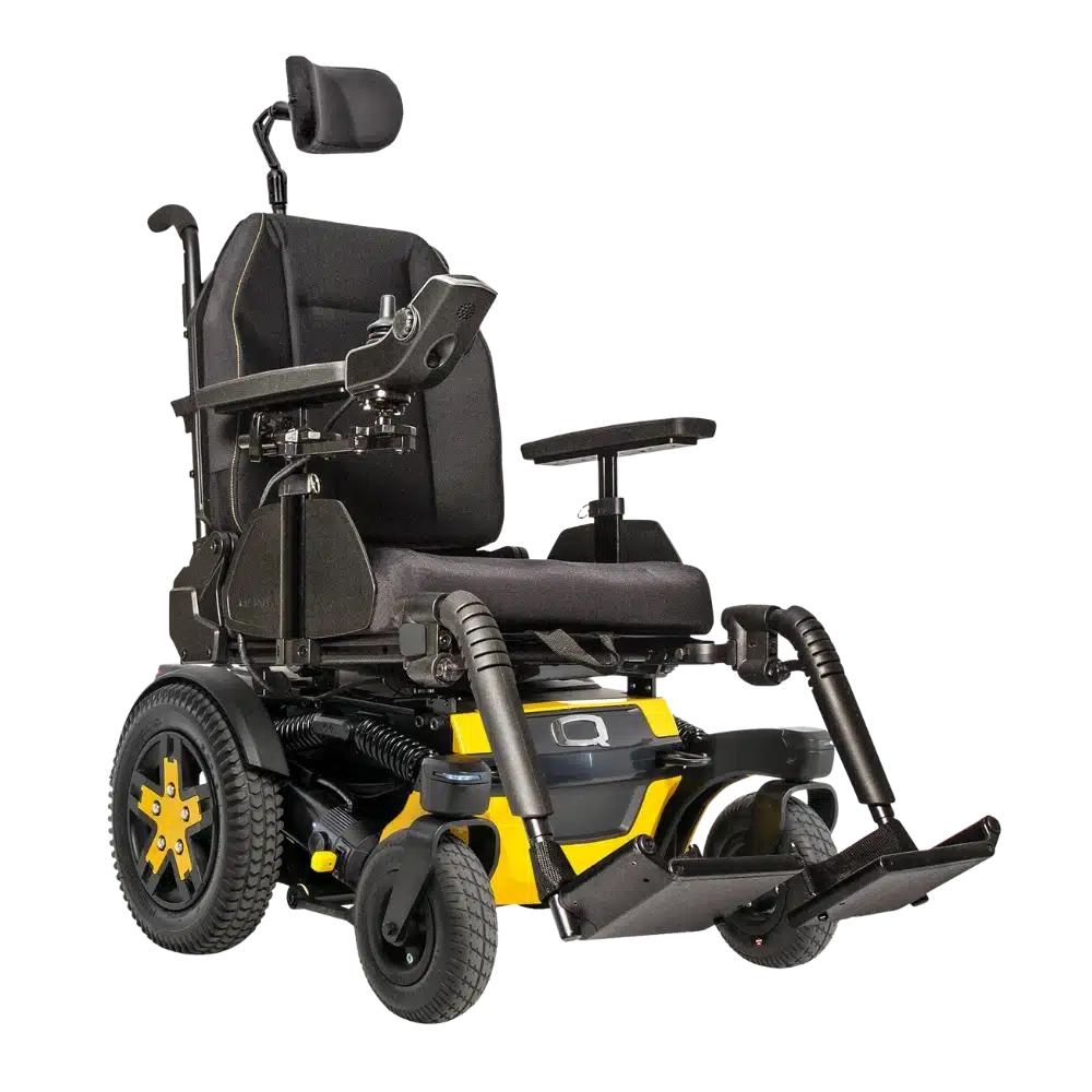 R-Trak power wheelchair with yellow base.